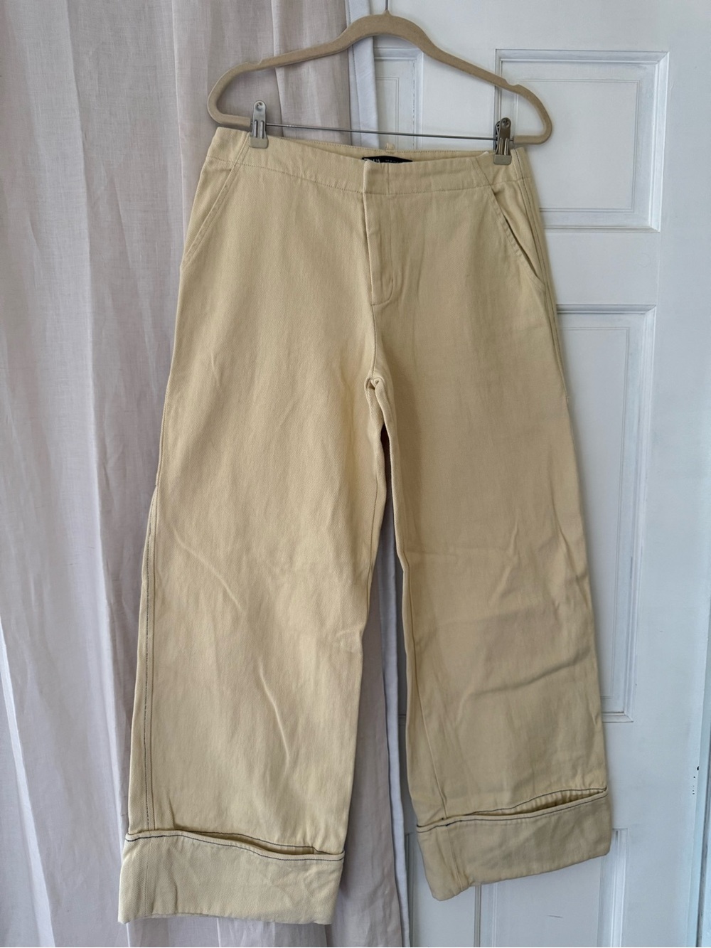 Beige Wide Leg Pants with Contrast Stitching